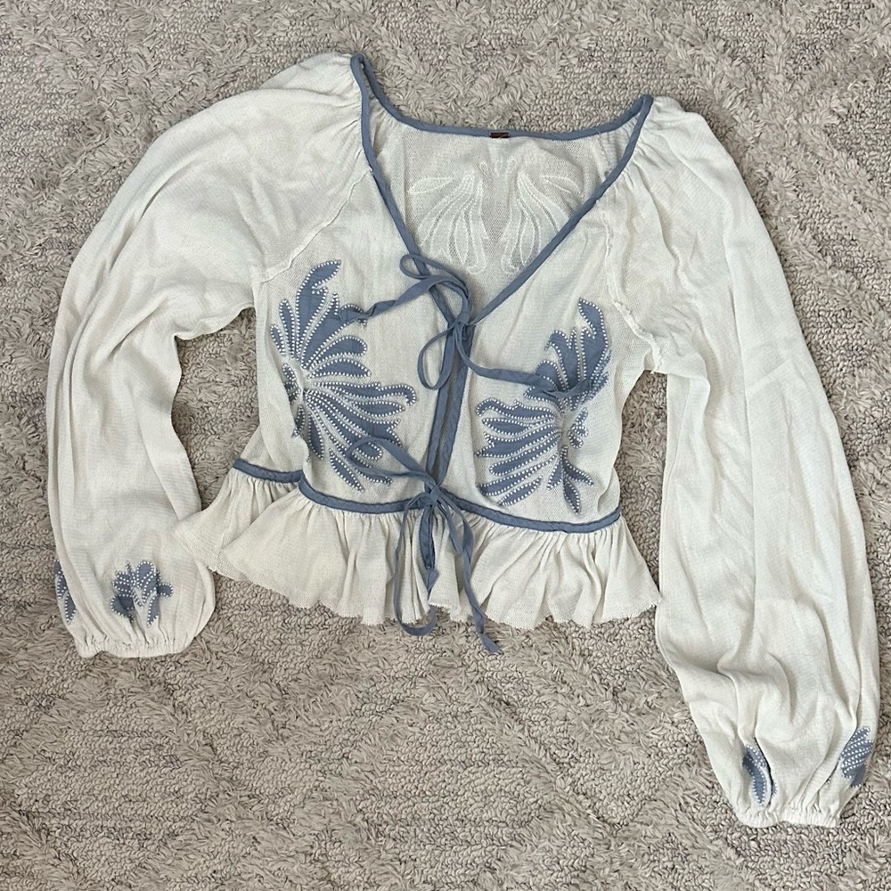 White and Blue Embroidered Free People Women's Blouse